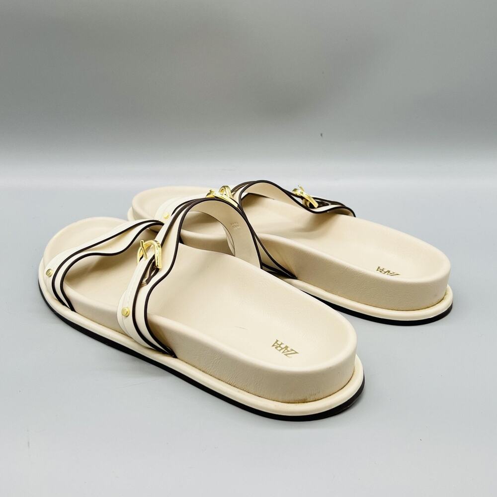 Zara Sandals Womens 8 White Faux Leather Strappy Buckle Slide Flat Shoes Comfort - Picture 5 of 11